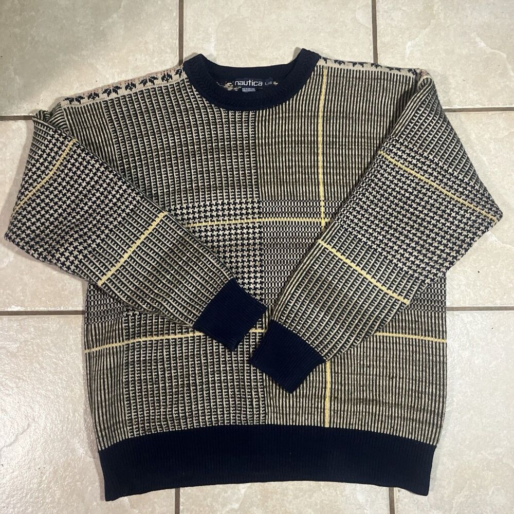 Vintage 90s Nautica Geometric Plaid Knit Sweater Navy Blue Yellow Large
